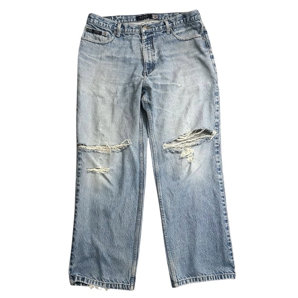 Izod Men’s Thrashed Faded Stained‎ Blue Denim Jeans 38x30 grunge distressed - Picture 1 of 7